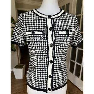 Talbots XS Black White Houndstooth Short Sleeve Knit Button Front Cardigan Top